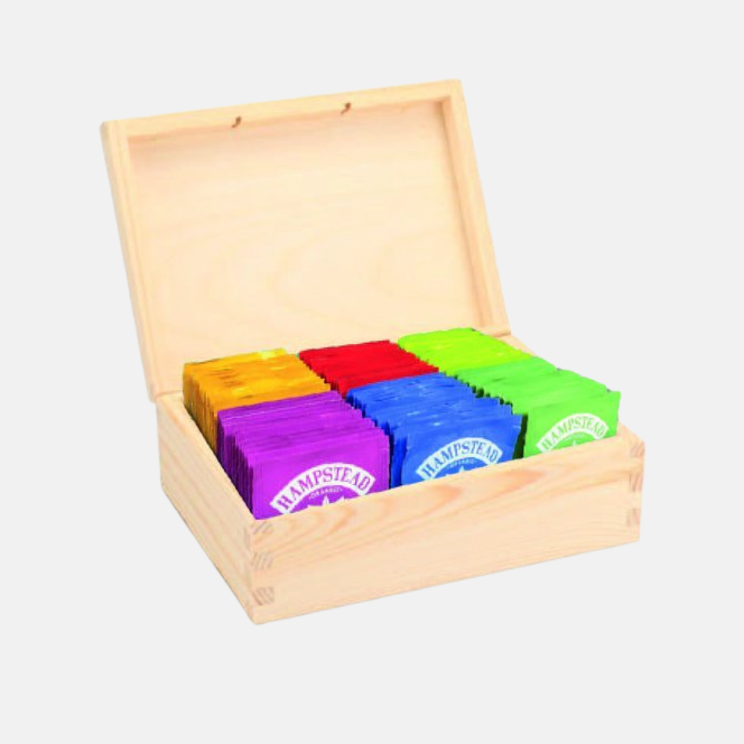 Hampstead Tea luxusní přírodní dřevěná kazeta mix sáčkových BIO čajů 78 ks AKCE